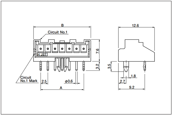 JST XA Through-hole type shrouded header - Side entry type - with a hook