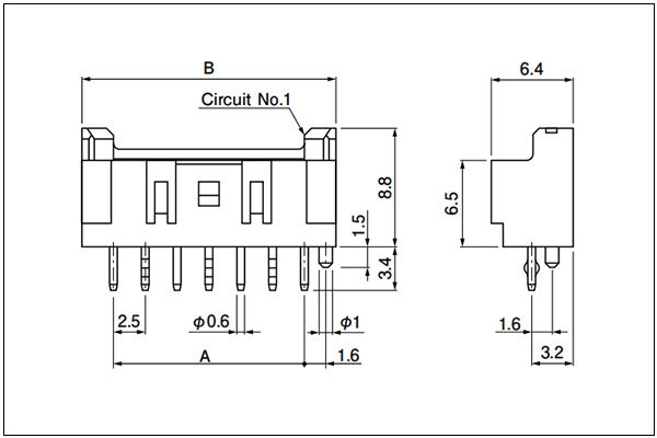 JST XA Through-hole type shrouded header - Top entry type - With a boss