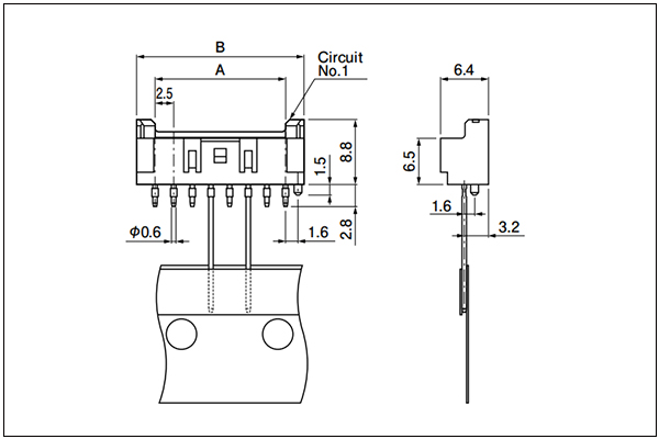 JST XA Through-hole type shrouded header on radial-tape - Top entry type - With a boss