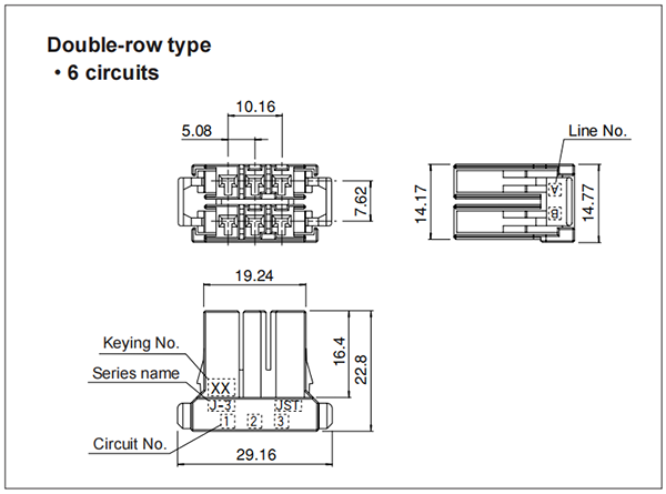 J320T Receptacle housing - Dual-row type - 6 Circuits