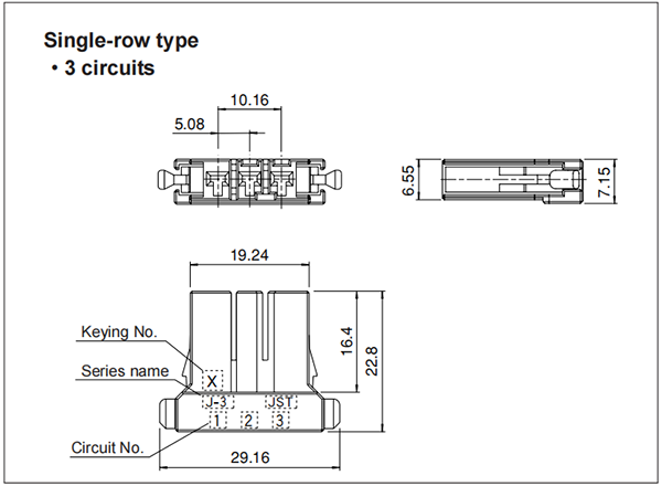 J320T Receptacle housing - Single-row type - 3 Circuits