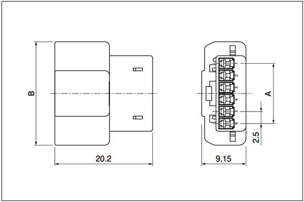 Receptacle housing (for pin contact) - 6 Circuits