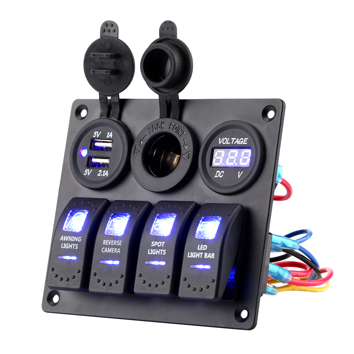 100 Switch Panel 12V Switch Panel 4 Gang _ 4Gang Aluminum 3Pin ON/Off Blue Led Rocker ...